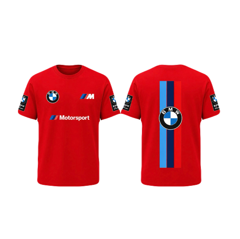 Red BMW Motorsport short-sleeve t-shirt shown from both front and back views. The front features the BMW Motorsport logo on the chest, the M logo on the right chest, and sponsor patches on the sleeves.