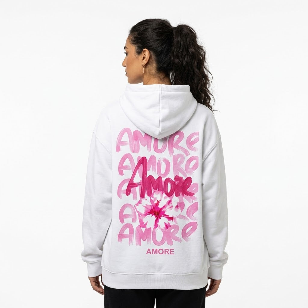 White Amore Floral Graphic Hoodie