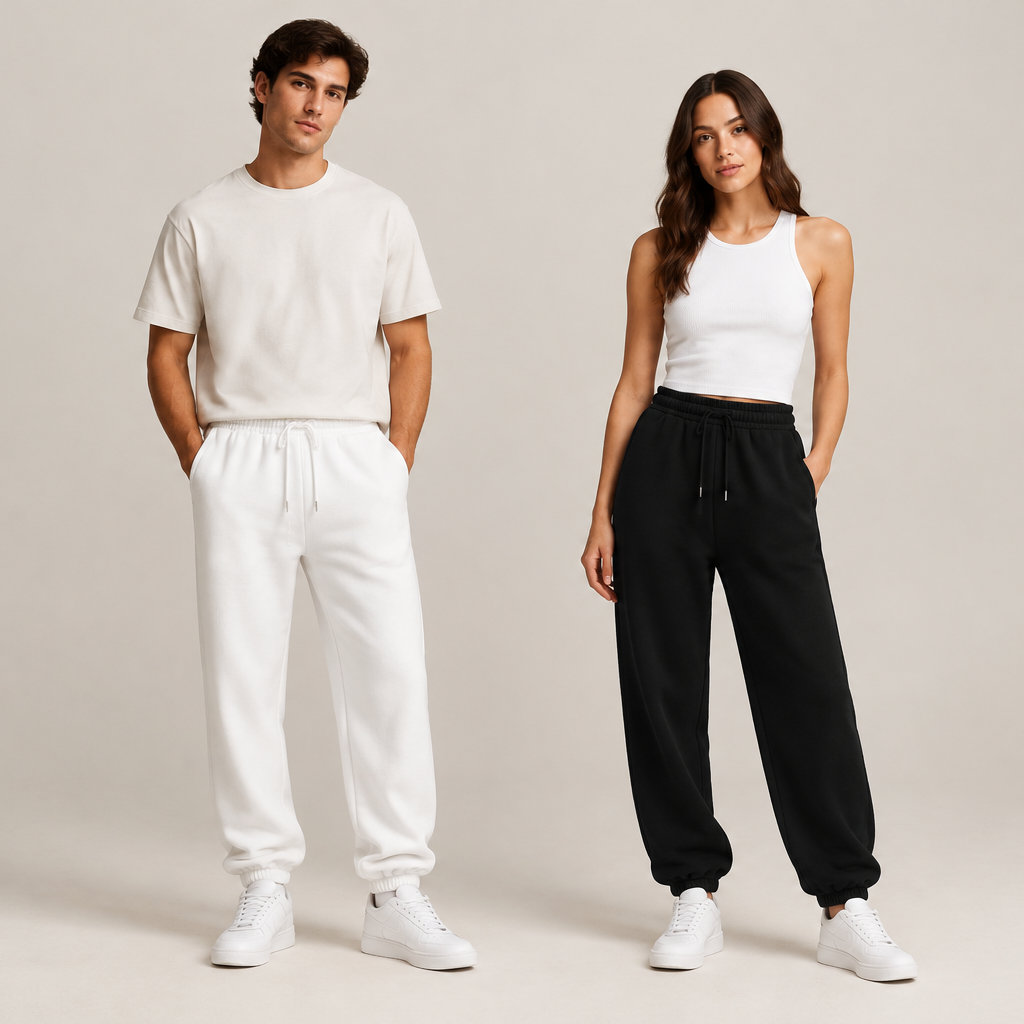 A man and a woman modeling lounge sets in a studio. The man wears a white t-shirt and white sweatpants, while the woman wears a white tank top and black sweatpants.