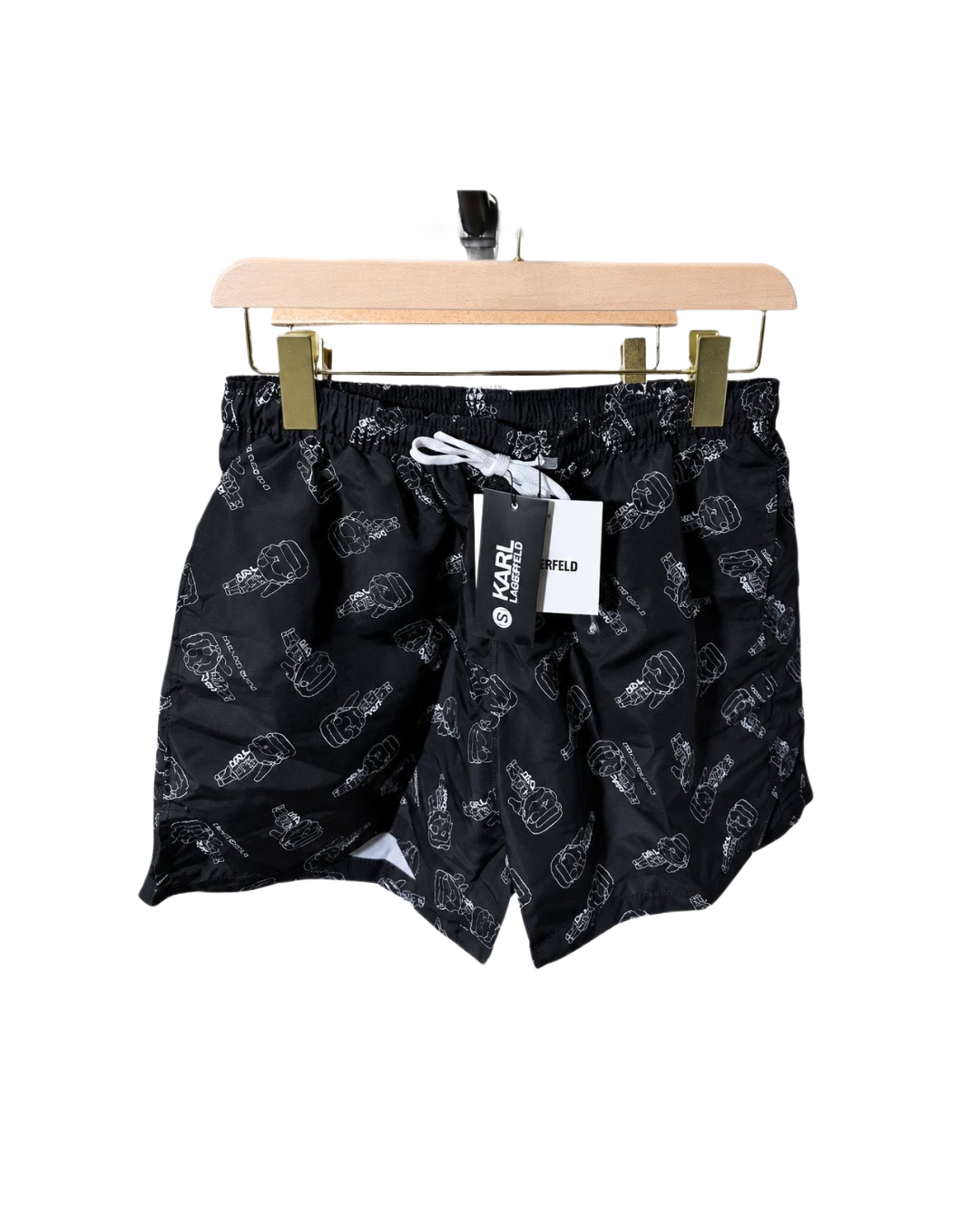 Black space character patterned swim shorts