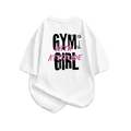 White short-sleeve t-shirt with a graphic print on the back reading 'GYM WITH ATTITUDE' in black and pink lettering, featuring a small barbell illustration.