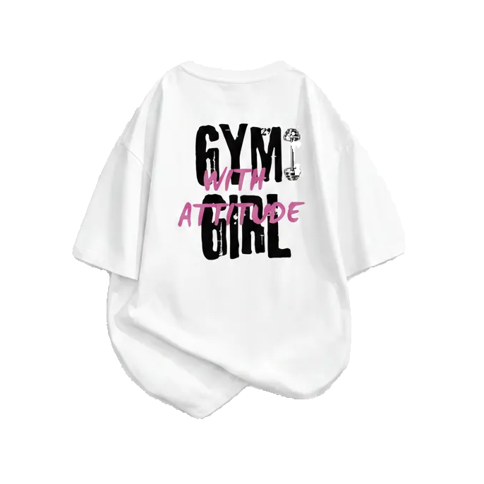 White short-sleeve t-shirt with a graphic print on the back reading 'GYM WITH ATTITUDE' in black and pink lettering, featuring a small barbell illustration.
