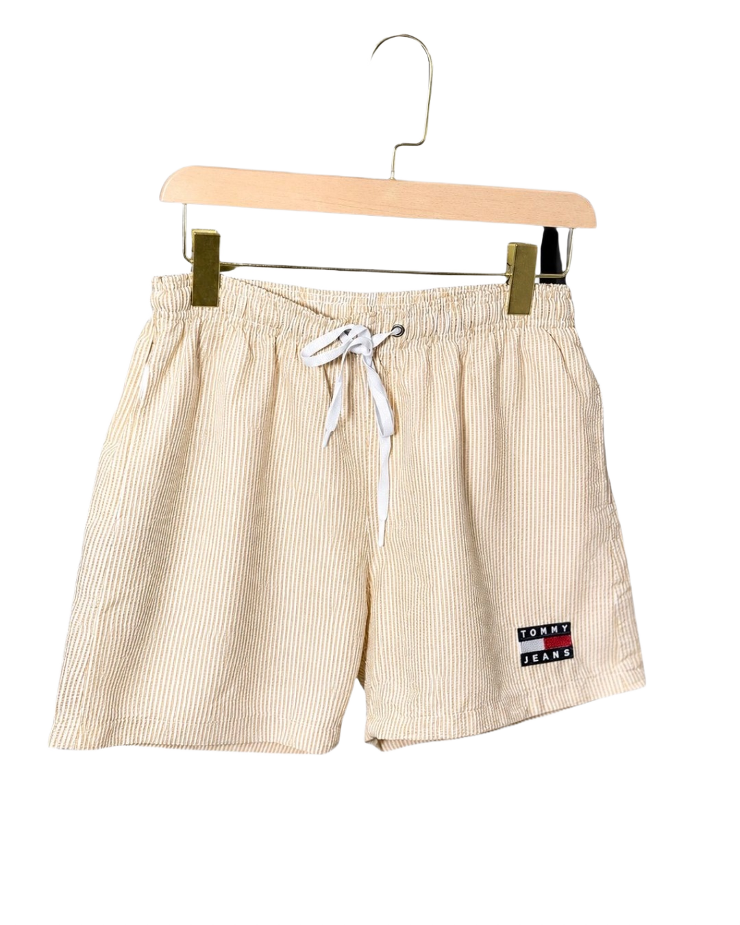 Light blue striped drawstring swim shorts