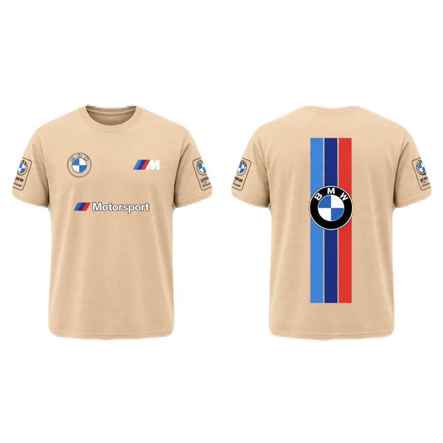 A beige short-sleeve T-shirt shown from both front and back, featuring BMW branding and motorsport graphics. The front displays the BMW roundel, an M Motorsport logo, and the BMW M logo across the chest.