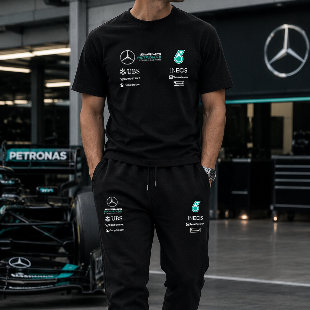 A man wearing a black Mercedes Petronas team t-shirt and matching black sweatpants with white sneakers, standing in a garage setting with a race car visible in the background.