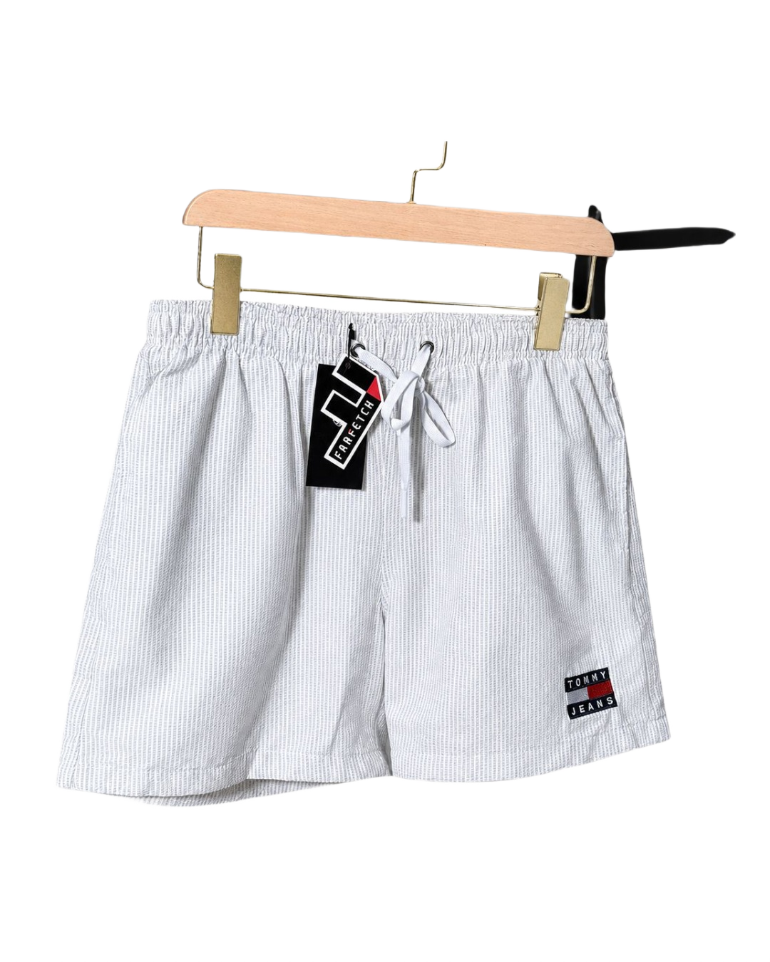 Beige striped drawstring swim shorts