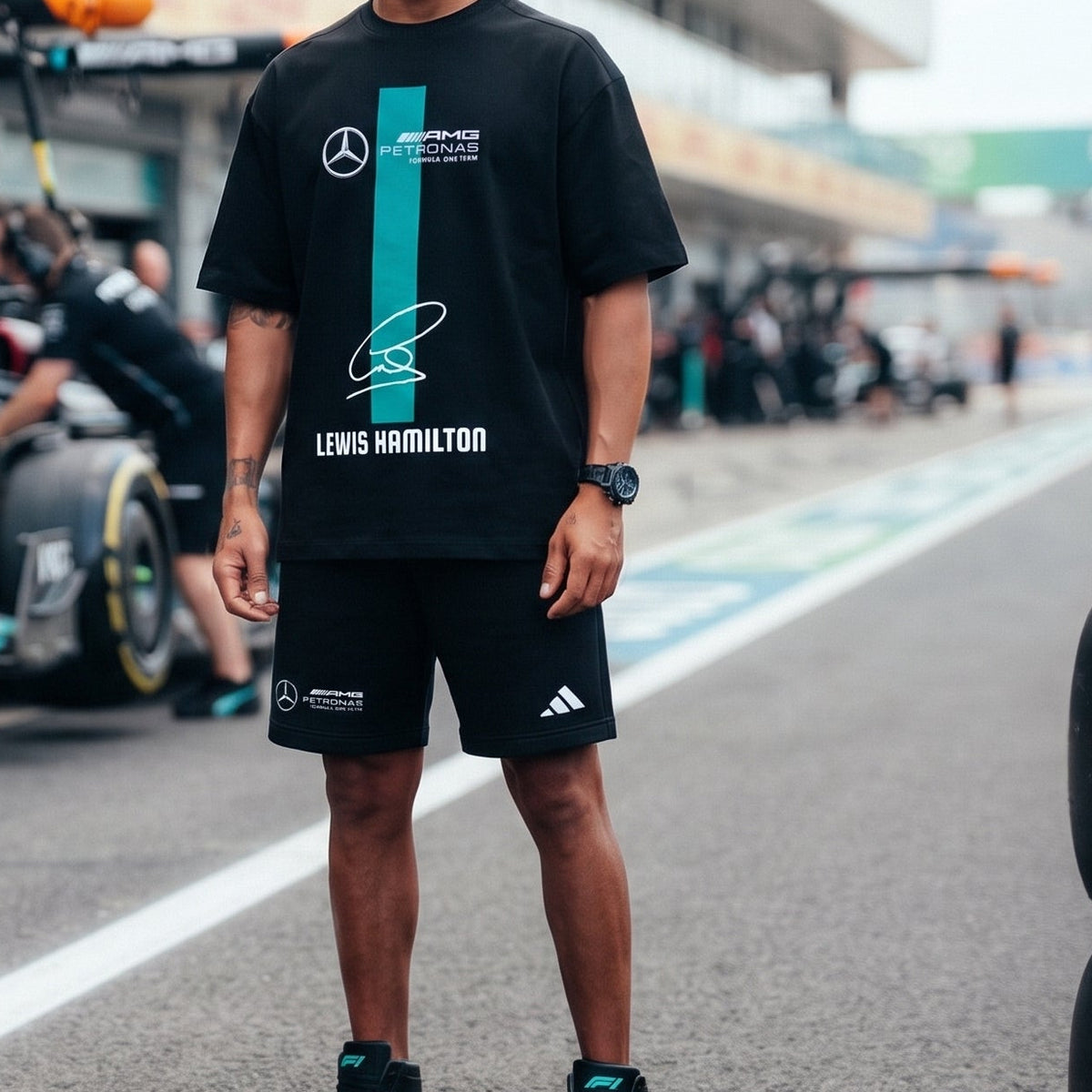 black Mercedes team t-shirt, black shorts, and black-and-teal running shoes, with the pit lane and race car blurred in the background.