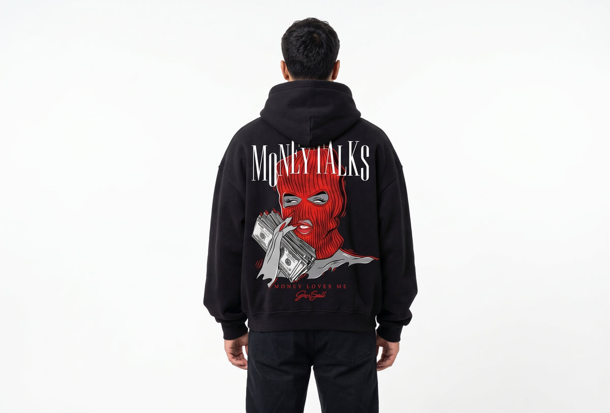 Money Talks Red Mask Graphic Zip Hoodie
