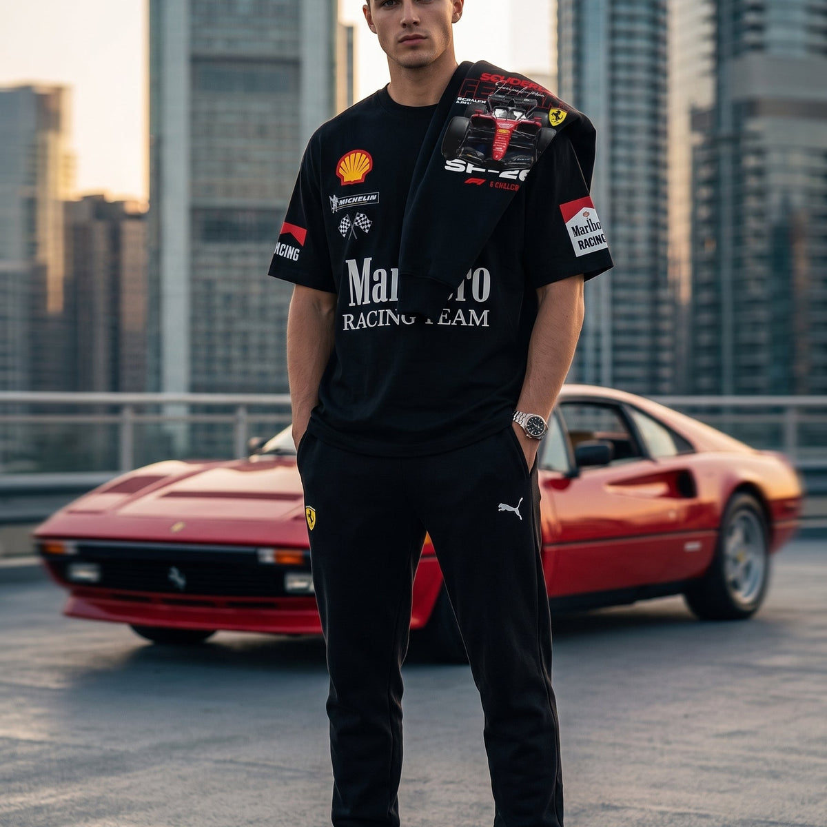 A man stands on a rooftop wearing a black Ferrari Racing team tracksuit with red and white sponsor logos, posed in front of a red Ferrari sports car with a city skyline in the background.