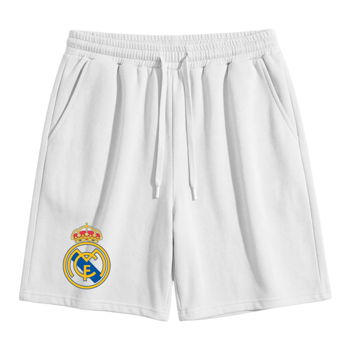 White football-inspired graphic drawstring shorts