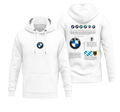 White pullover hoodie shown from the front and back, featuring BMW roundel logos and printed informational graphics on the chest and back.