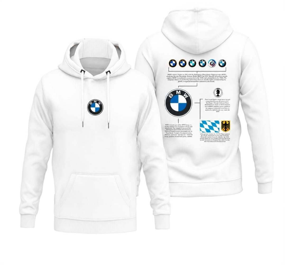 White pullover hoodie shown from the front and back, featuring BMW roundel logos and printed informational graphics on the chest and back.