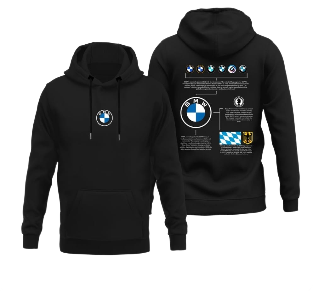 Black pullover hoodie shown from the front and back on a white background. The front features a small white and blue BMW roundel on the left chest, and the back displays a large BMW roundel with additional white, blue, and yellow graphic elements.