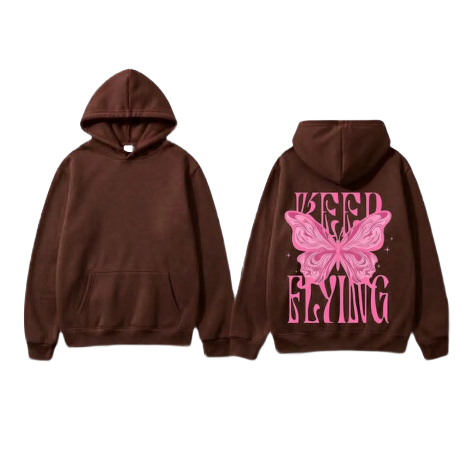 A brown pullover hoodie shown from both front and back. The front view shows a standard hooded silhouette with a kangaroo pocket.