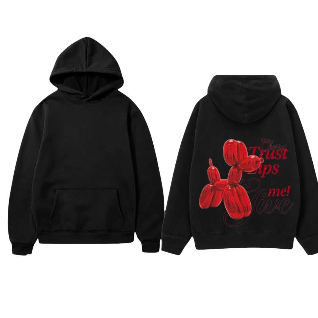 Black pullover hoodie shown from the front and back. The front features a classic kangaroo pocket and hood.