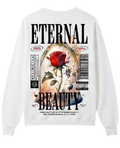 A white crewneck sweatshirt shown from both the front and back. The front is plain, while the back features a graphic design with the words 'ETERNAL BEAUTY' in black, a red rose, a barcode, and a Parental Advisory label.