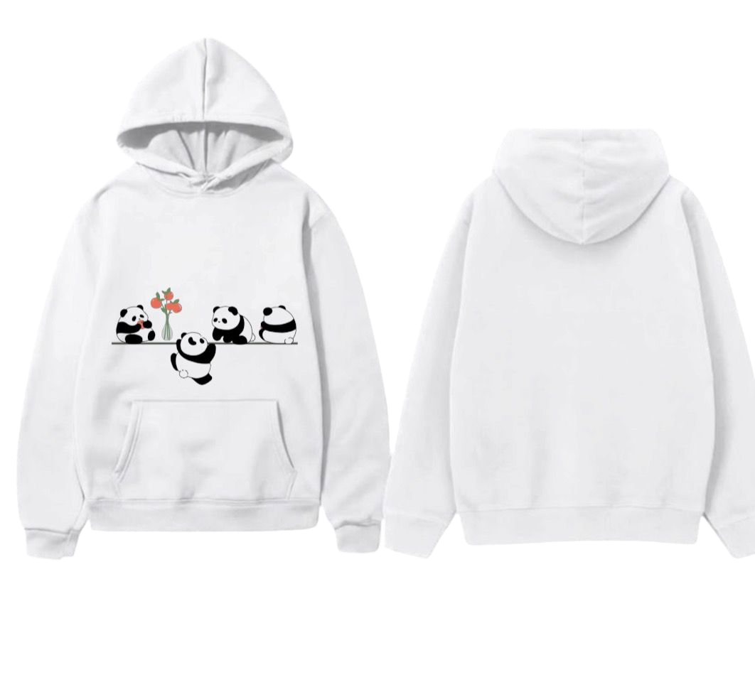 White pullover hoodie shown from the front and back on a plain white background. The front features a graphic print of cartoon pandas and a small orange flower on a black line, while the back is plain.