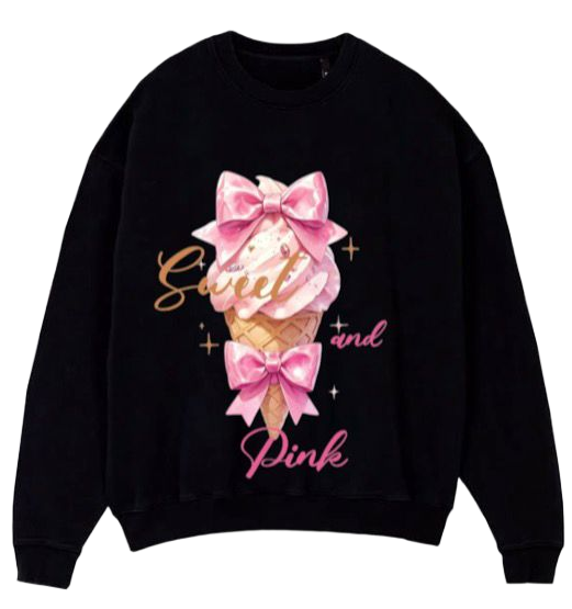 Black crewneck sweatshirt shown from both front and back views. The front features a graphic of a pink and gold ice cream cone with a pink bow, surrounded by the text 'Girl and Pink' in gold and pink script.