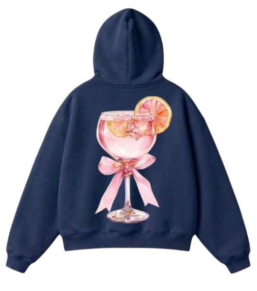 A navy blue zip-up hoodie shown from both the front and back. The front view shows a classic pullover design with a kangaroo pocket.