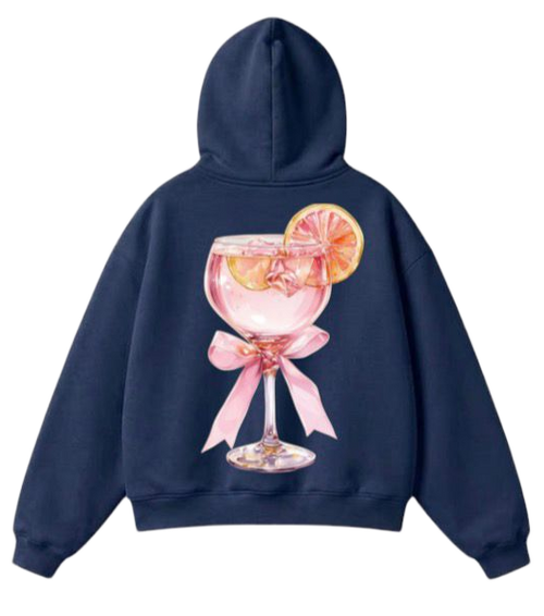 A navy blue zip-up hoodie shown from both the front and back. The front view shows a classic pullover design with a kangaroo pocket.