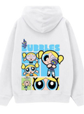 White pullover hoodie shown from the front and back. The front has a kangaroo pocket and no visible branding.