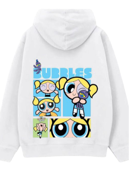 White pullover hoodie shown from the front and back. The front has a kangaroo pocket and no visible branding.