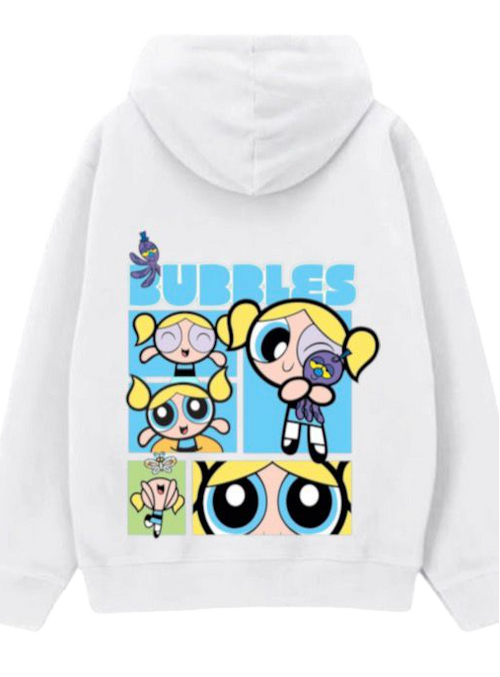 White pullover hoodie shown from the front and back. The front has a kangaroo pocket and no visible branding.