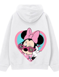 White pullover hoodie shown from the front and back. The front has a plain white design with a kangaroo pocket, and the back features a large graphic of Minnie Mouse inside a pink and blue heart.