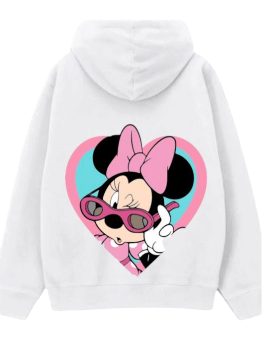 White pullover hoodie shown from the front and back. The front has a plain white design with a kangaroo pocket, and the back features a large graphic of Minnie Mouse inside a pink and blue heart.