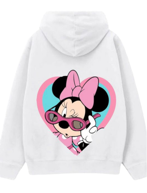 White pullover hoodie shown from the front and back. The front has a plain white design with a kangaroo pocket, and the back features a large graphic of Minnie Mouse inside a pink and blue heart.