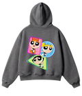 A dark gray zip-up hoodie shown from both the front and back. The front is plain, while the back features a colorful graphic of the Powerpuff Girls in pink, blue, and green triangles.