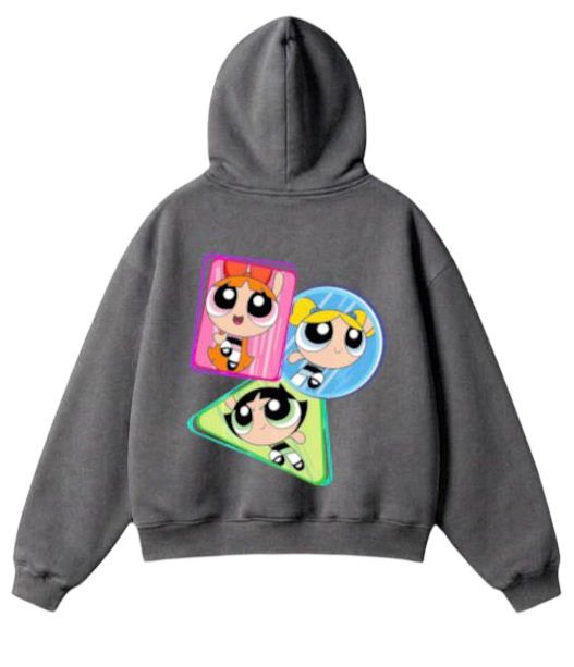 A dark gray zip-up hoodie shown from both the front and back. The front is plain, while the back features a colorful graphic of the Powerpuff Girls in pink, blue, and green triangles.