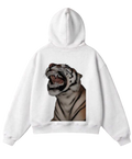 A white zip-up hoodie shown from both front and back. The front view shows a plain white hoodie with a front kangaroo pocket.