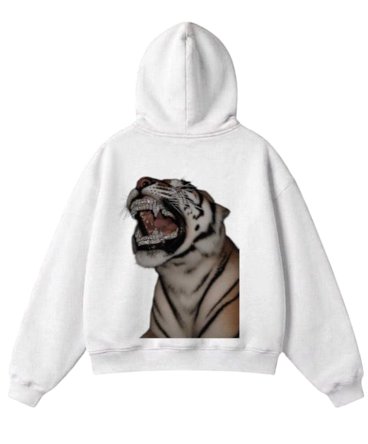 A white zip-up hoodie shown from both front and back. The front view shows a plain white hoodie with a front kangaroo pocket.