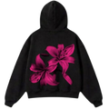Black zip-up hoodie shown from the front and back on a plain white background. The front has a small pink floral graphic on the left chest, and the back features a large pink floral print.