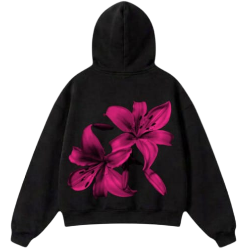 Black zip-up hoodie shown from the front and back on a plain white background. The front has a small pink floral graphic on the left chest, and the back features a large pink floral print.