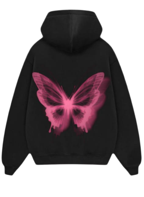 Black pullover hoodie shown from the front and back on a plain white background. The front has a small pink butterfly graphic on the left chest, and the back has a large pink butterfly graphic.