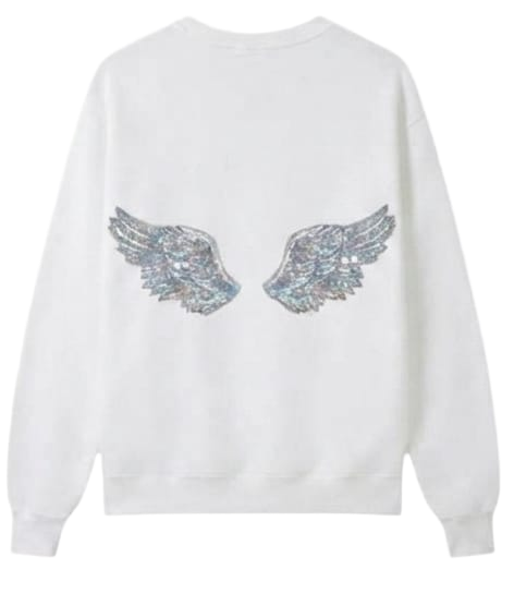 A white crewneck sweatshirt shown from both the front and back views. The front features a small silver wing graphic on the left chest, while the back features a larger, detailed silver wing graphic with a glittery texture.