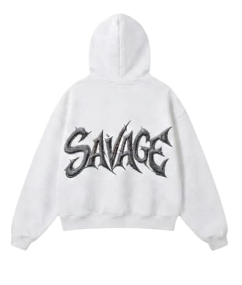 A white zip-up hoodie shown from both the front and back. The front features a small black 'SAVAGE' graphic on the left chest, and the back features a large, stylized black 'SAVAGE' graphic across the center.