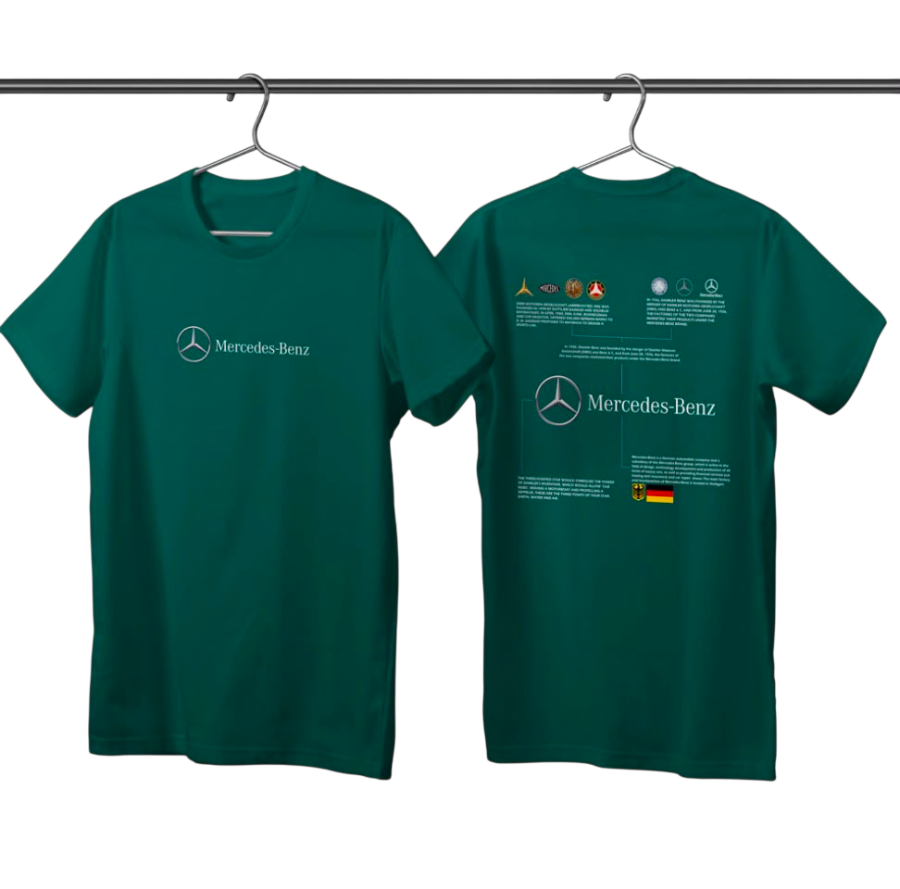 Two dark green Mercedes-Benz t-shirts hanging on a black metal rack against a white background, showing both the front and back designs.