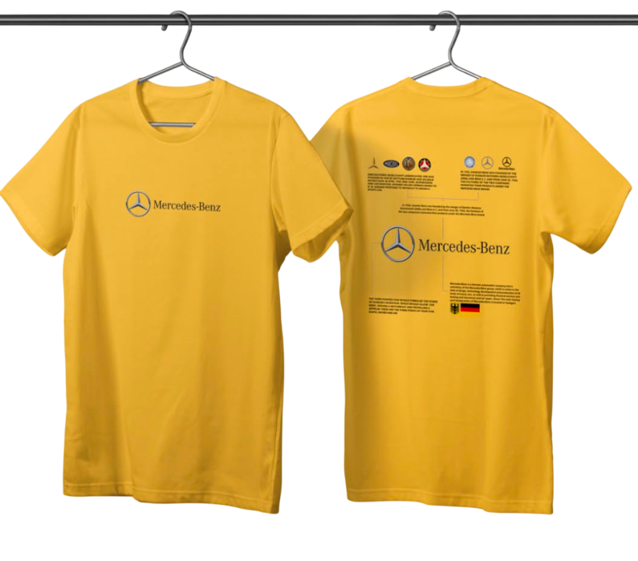 Two yellow short-sleeve T-shirts on hangers, showing the front and back. The front features the Mercedes-Benz logo and name on the left chest, while the back displays the Mercedes-Benz logo, small printed icons, and text, along with a small German flag graphic.