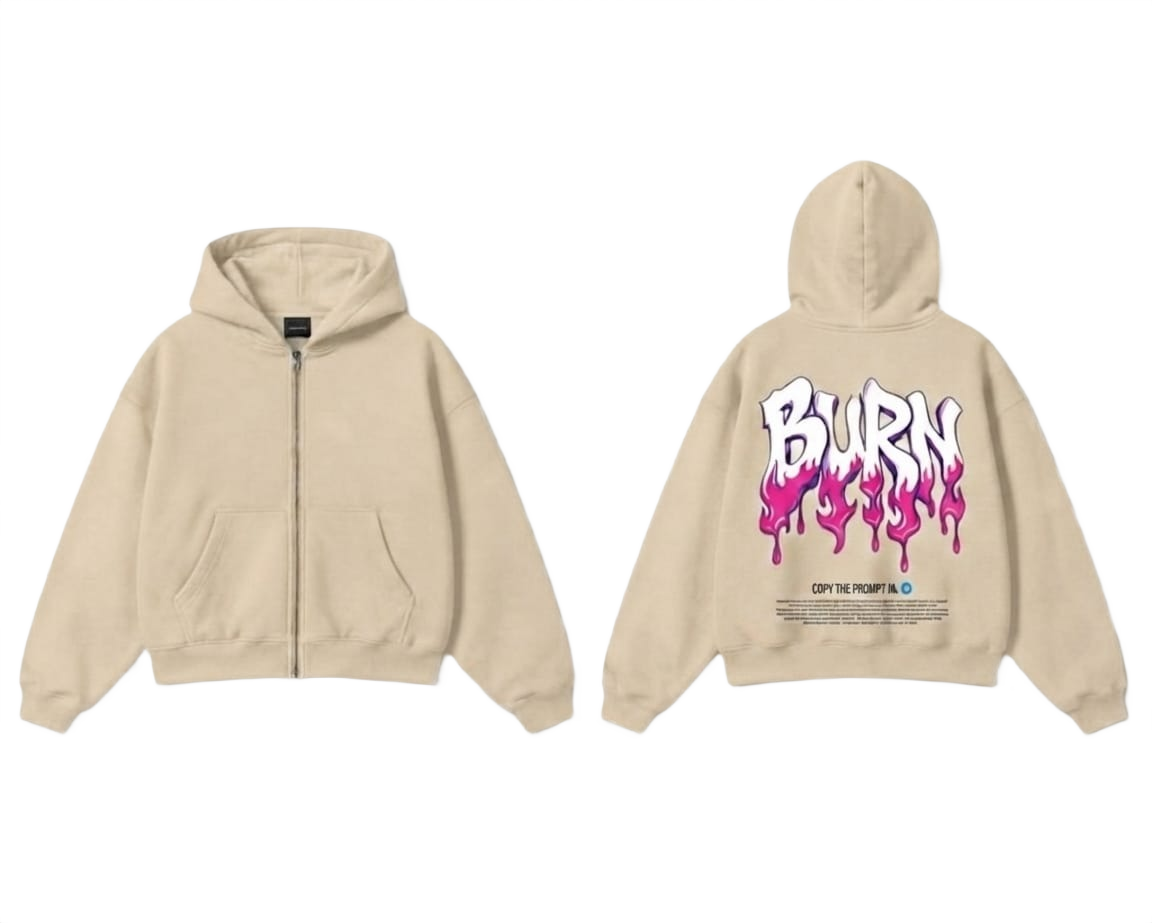 Burn Graphic Zip-Up Hoodie - Beige