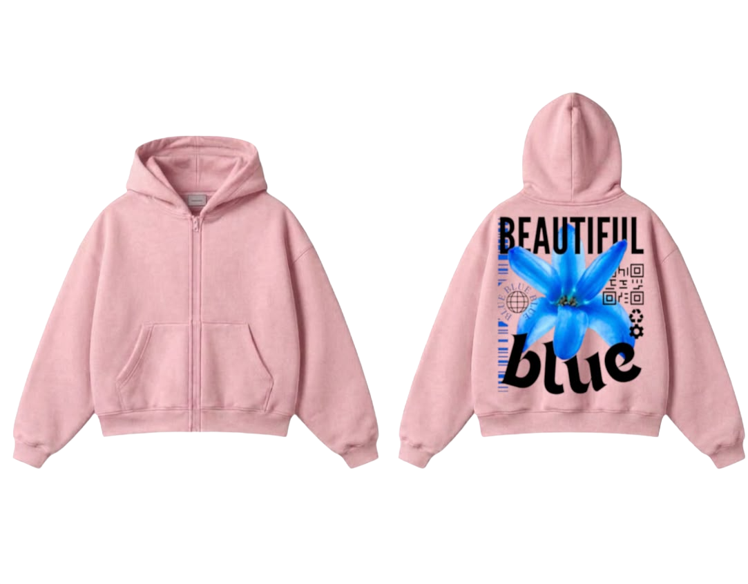 Beautiful Blue Flower Zip-Up Hoodie - Pink