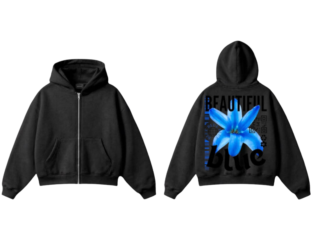 Beautiful Blue Flower Zip-Up Hoodie - Black