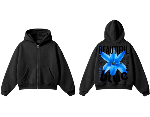 Beautiful Blue Flower Zip-Up Hoodie - Black