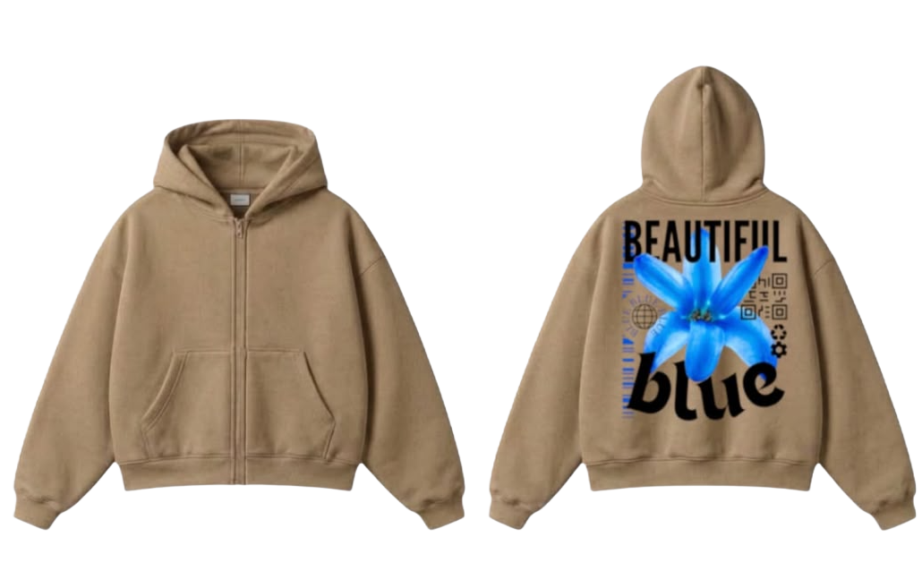 Beautiful Blue Flower Zip-Up Hoodie - Beige