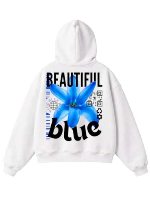 Beautiful Blue Flower Zip-Up Hoodie - White