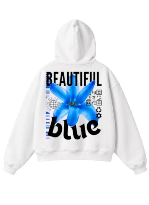 Beautiful Blue Flower Zip-Up Hoodie - White