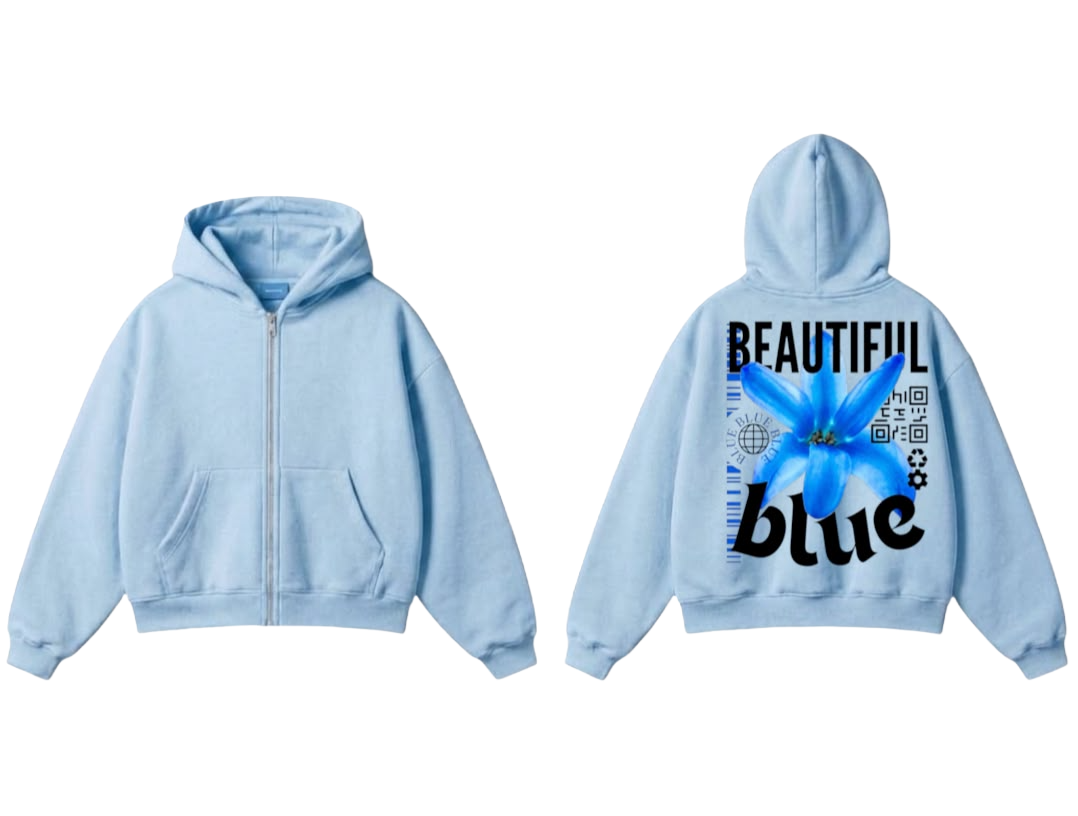 Beautiful Blue Flower Zip-Up Hoodie - Baby Blue