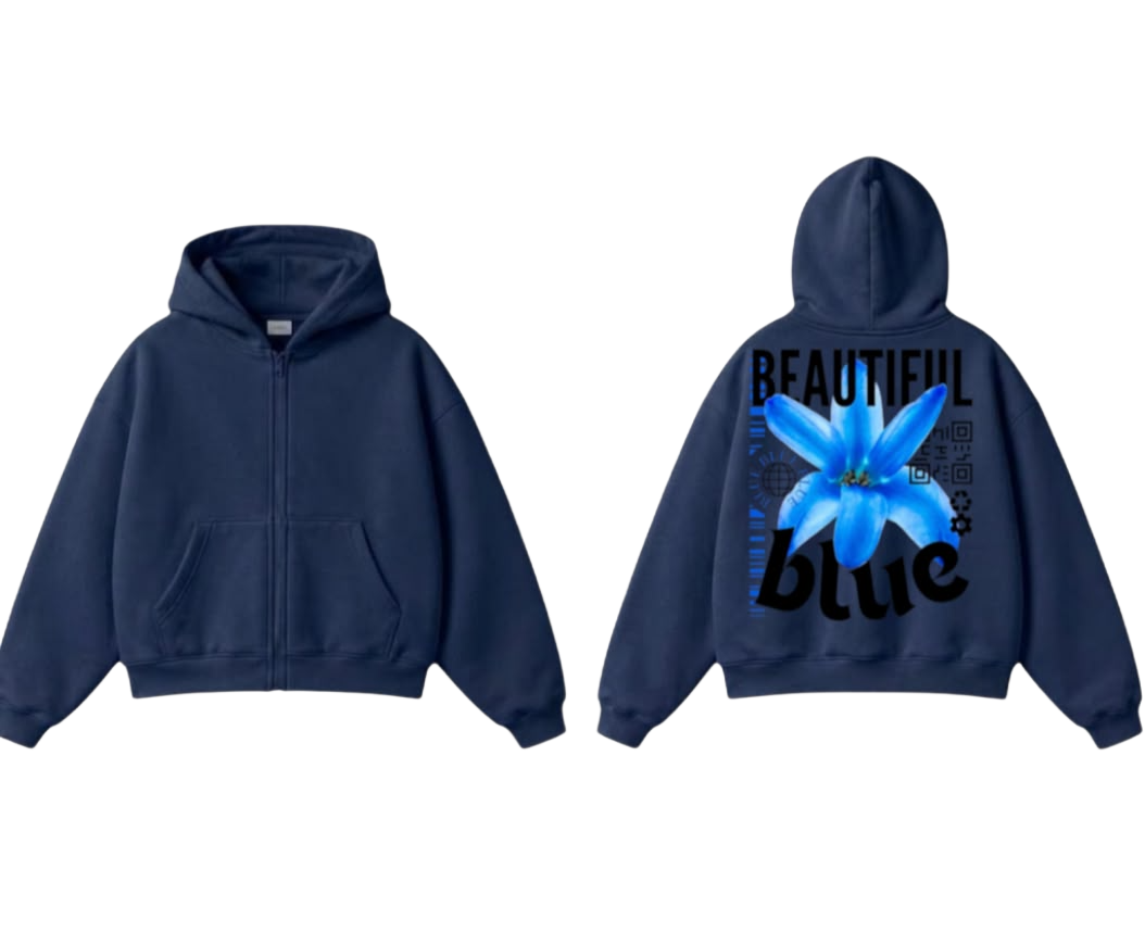 Beautiful Blue Flower Zip-Up Hoodie - Navy